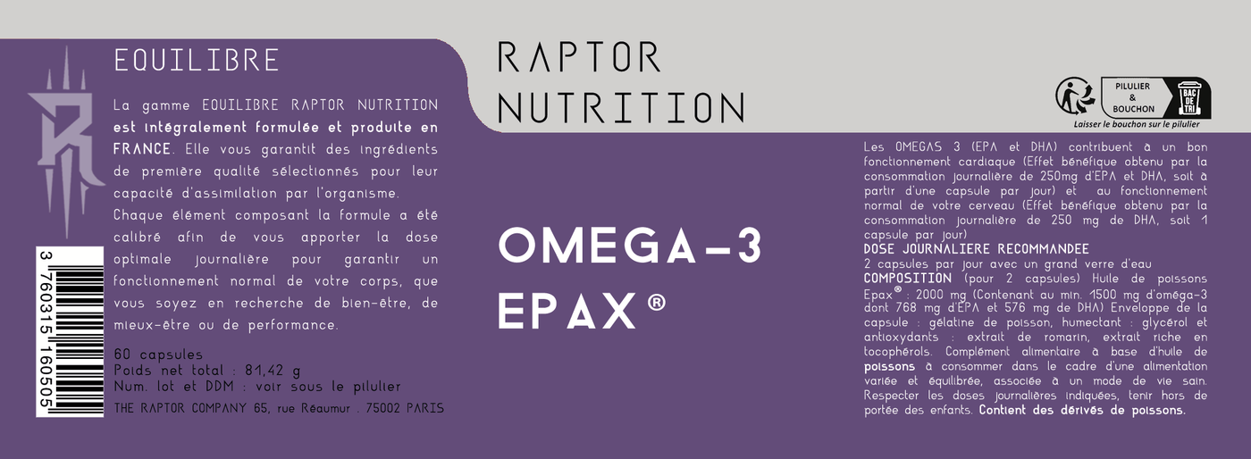 Omega Raptor Oméga 3 Epax® – Qualité premium, 800 mg EPA + 600 mg DHA – Raptor Nutrition